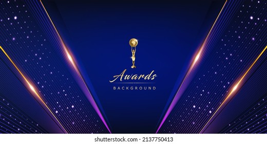 Dark Blue Golden Royal Awards Graphics Background. Lines Dotted Shimmer Elegant Shine Modern Template. Luxury Premium Corporate Abstract Design Template. Classic Shape Post. Center LED Screen Visual. 