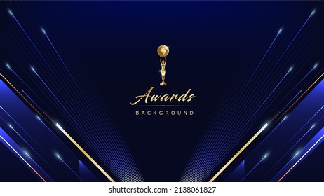 Dark Blue Golden Royal Awards Graphics Background. Lines Growing Elegant Shine Spark. Luxury Premium Corporate Abstract Design Template. Classic Shape Post. Center LED Screen Visual. Lights Fireworks 