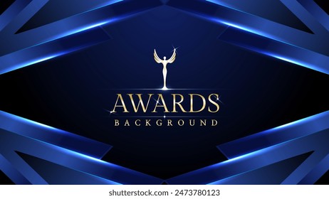 Dark blue golden royal awards graphics background. Lines growing elegant shine spark. Luxury premium corporate abstract design template.