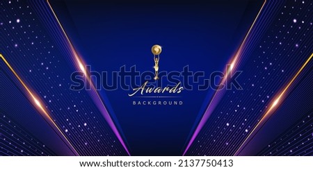 Dark Blue Golden Royal Awards Graphics Background. Lines Dotted Shimmer Elegant Shine Modern Template. Luxury Premium Corporate Abstract Design Template. Classic Shape Post. Center LED Screen Visual. 