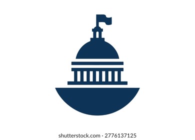 Dark blue government building with dome and flag on a semicircle base