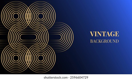 Dark blue gradient abstract background with gold rounded line design. Vintage geometric pattern. Shiny poster or web banner template. Blended lines	
