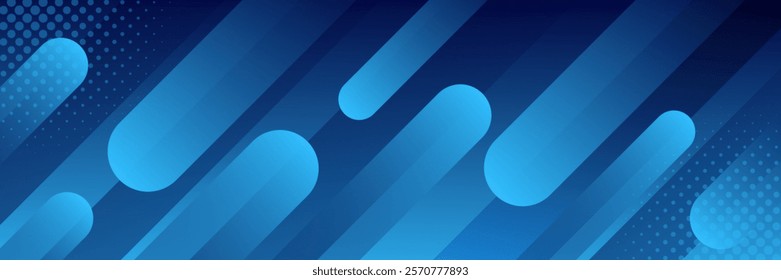 Dark blue gradient abstract dynamic banner background with halftone. Modern geometric wallpaper. Suitable for templates, sale banners, events, ads, web, pages and headers