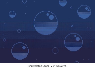 Dark Blue Gradient Background with Flowing Bubbles, Pixel Art Style Artwork
