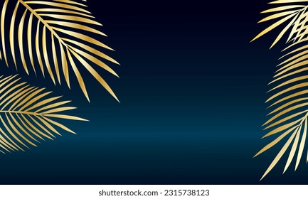 Dark blue gradient background with golden palm leaves on the sides. Design for banner, background, flyer, advertisement with place for text