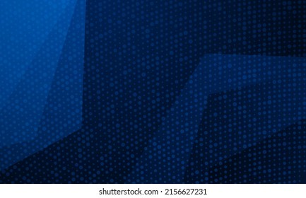 Dunkelblauer Farbverlauf-unscharfer Hintergrund mit polygonalen Formen und Halbtonpunkten. Indigo blauer dunkler Banner, digitaler Hintergrund, Vektordesign. Bildschirmschoner-Techno-Hintergrund mit geometrischen Formen.