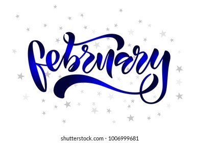Dark blue gradient concept event winter advertising as lettering typography "Fabruary" with gray stars on white background for clothes mall. Vector illustration EPS 10. Calligraphy banner, template

