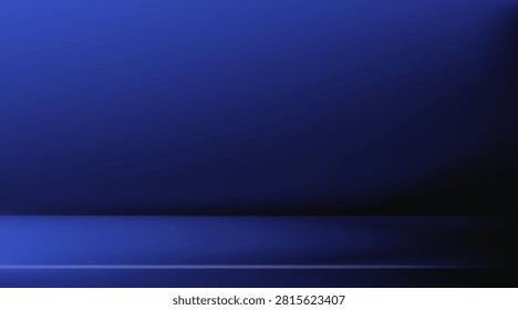 Dark blue gradient studio backdrop with 3D podium platform. Vector background with abstract geometric space for product display, futuristic atmosphere with soft light and clean perspective