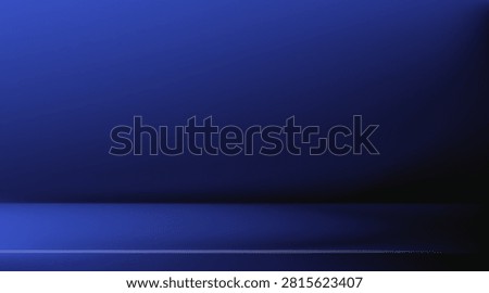 Dark blue gradient studio backdrop with 3D podium platform. Vector background with abstract geometric space for product display, futuristic atmosphere with soft light and clean perspective