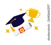 Dark Blue Graduation Cap with Gold Tassel, Diploma with Red Seal, and Yellow Trophy for Achievement