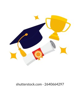 Dark Blue Graduation Cap with Gold Tassel, Diploma with Red Seal, and Yellow Trophy for Achievement