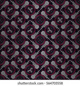 Dark blue with gray and red geometrical seamless pattern in traditional chinese style. Vector background. Hieroglyph translation: Chinese New Year of the Rooster 2017