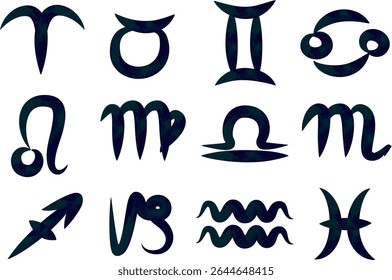 dark blue green colored paint brush hand drawn zodiac signs