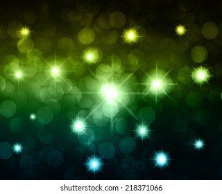 Dark blue green Defocused Light, Flickering Lights, Vector abstract festive background with bokeh defocused lights. universe, galaxies, stars. 