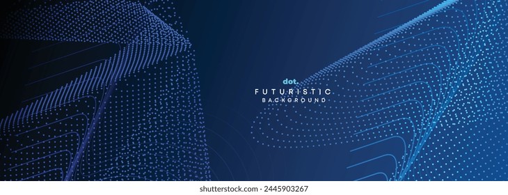 Dark Blue Green Gradient Flowing Dot Waving Particle Geometric Technology Abstract Banner Background. Digital Futuristic Navy Blue Dotted Wave Concept For Science, Music cover, website, header