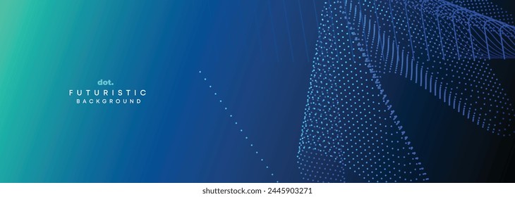 Dark Blue Green Gradient Flowing Dot Waving Particle Geometric Technology Abstract Banner Background. Digital Futuristic Navy Blue Dotted Wave Concept For Science, Music cover, website, header