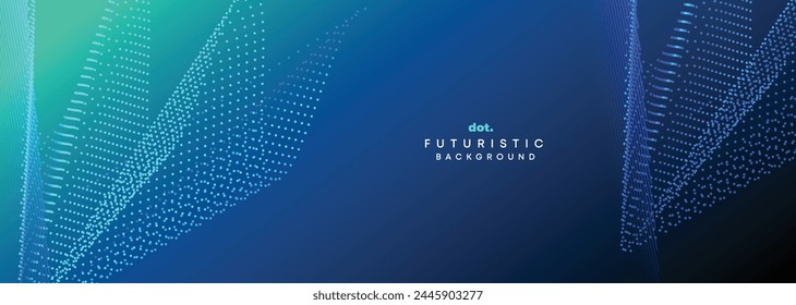 Dark Blue Green Gradient Flowing Dot Waving Particle Geometric Technology Abstract Banner Background. Digital Futuristic Navy Blue Dotted Wave Concept For Science, Music cover, website, header