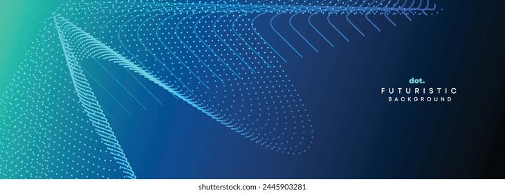 Dark Blue Green Gradient Flowing Dot Waving Particle Geometric Technology Abstract Banner Background. Digital Futuristic Navy Blue Dotted Wave Concept For Science, Music cover, website, header