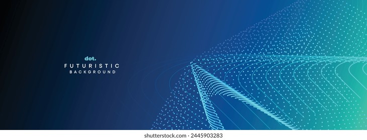 Dark Blue Green Gradient Flowing Dot Waving Particle Geometric Technology Abstract Banner Background. Digital Futuristic Navy Blue Dotted Wave Concept For Science, Music cover, website, header