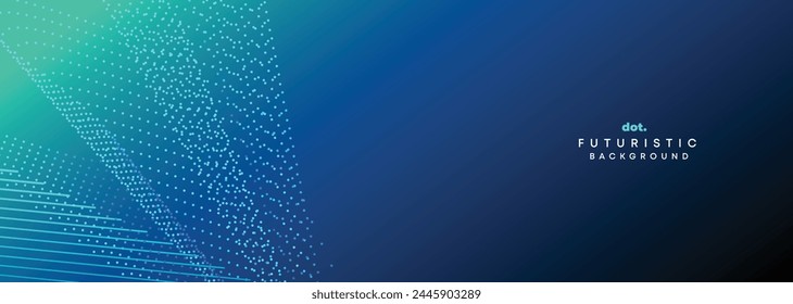 Dark Blue Green Gradient Flowing Dot Waving Particle Geometric Technology Abstract Banner Background. Digital Futuristic Navy Blue Dotted Wave Concept For Science, Music cover, website, header