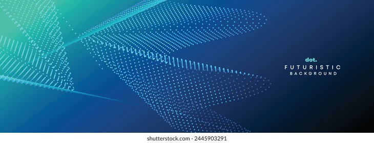 Dark Blue Green Gradient Flowing Dot Waving Particle Geometric Technology Abstract Banner Background. Digital Futuristic Navy Blue Dotted Wave Concept For Science, Music cover, website, header