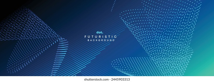 Dark Blue Green Gradient Flowing Dot Waving Particle Geometric Technology Abstract Banner Background. Digital Futuristic Navy Blue Dotted Wave Concept For Science, Music cover, website, header