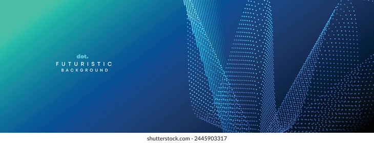 Dark Blue Green Gradient Flowing Dot Waving Particle Geometric Technology Abstract Banner Background. Digital Futuristic Navy Blue Dotted Wave Concept For Science, Music cover, website, header