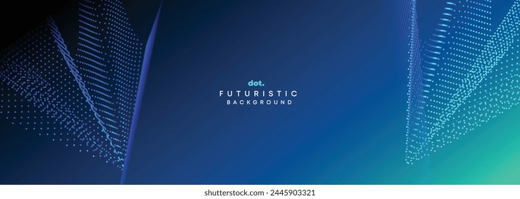 Dark Blue Green Gradient Flowing Dot Waving Particle Geometric Technology Abstract Banner Background. Digital Futuristic Navy Blue Dotted Wave Concept For Science, Music cover, website, header