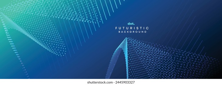 Dark Blue Green Gradient Flowing Dot Waving Particle Geometric Technology Abstract Banner Background. Digital Futuristic Navy Blue Dotted Wave Concept For Science, Music cover, website, header