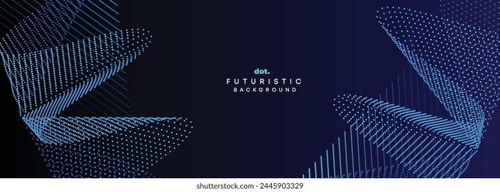 Dark Blue Green Gradient Flowing Dot Waving Particle Geometric Technology Abstract Banner Background. Digital Futuristic Navy Blue Dotted Wave Concept For Science, Music cover, website, header