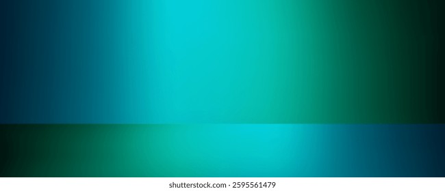 Dark blue green neon gradient background studio. Empty panoramic room with podium or stage. Night tone walls and floor with spotlights for product presentation.