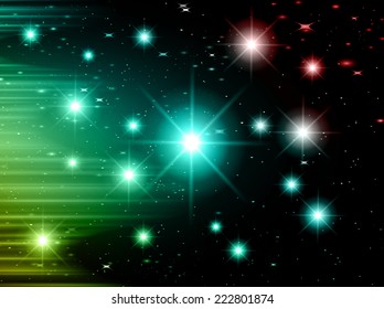 Dark blue green red Defocused Light, Flickering Lights, Vector abstract festive background with bokeh defocused lights. universe, galaxies, stars. 