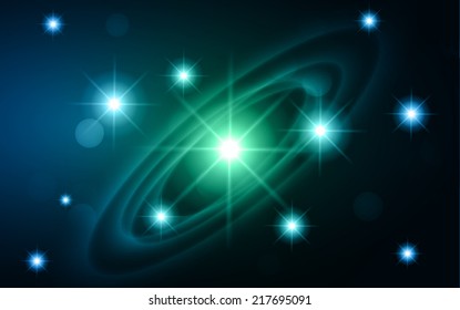 Dark blue green sparkling background with stars in the sky and blurry lights, illustration. Abstract, Universe, Galaxies, ring. 