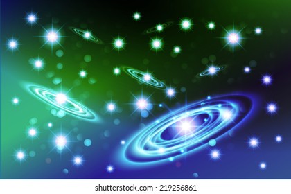 Dark blue green sparkling background with stars in the sky and blurry lights, illustration. Abstract, Universe, Galaxies, ring. 