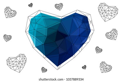 Dark Blue, Green vector abstract Triangle Geometrical Heart on white polygonal background. Happy Valentine's Day Greeting Card. Stock template for your design.