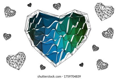 Dark Blue, Green vector abstract Triangle Geometrical Heart on white polygonal background. Happy Valentine's Day Greeting Card. Stock template for your design.