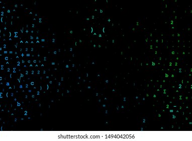 Dark Blue, Green vector backdrop with algebra elements. Illustration with Numeral symbols on abstract template. Smart design for your university promotion.