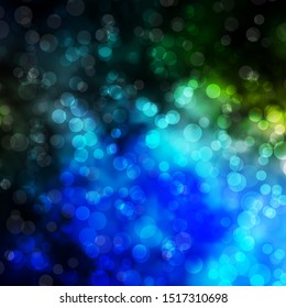 Dark Blue, Green vector backdrop with dots. Abstract colorful disks on simple gradient background. Design for posters, banners.