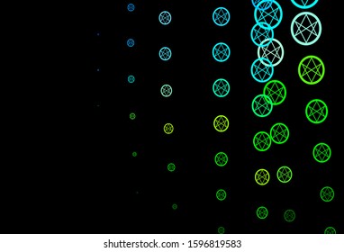 Dark Blue, Green vector backdrop with mystery symbols. Colorful vintage illustration with gradient alchemy shapes. Best design halloween events.