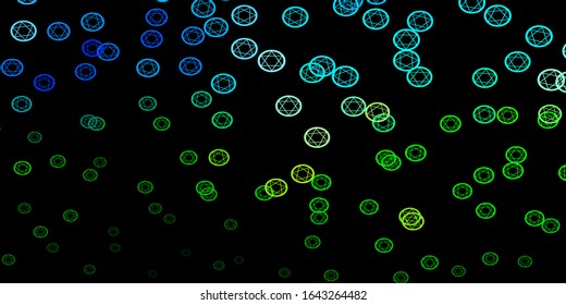 Dark Blue, Green vector backdrop with mystery symbols. Illustration with magical signs of spiritual power. Design for magic, spiritual events.