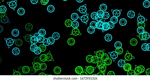 Dark Blue, Green vector backdrop with mystery symbols. Colorful vintage illustration with gradient alchemy shapes. Simple base for your occult design.