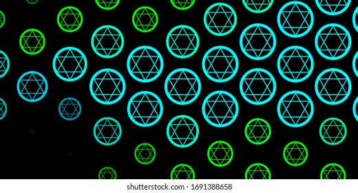 Dark Blue, Green vector backdrop with mystery symbols. Colorful mystic symbols with a gradient in ancient style. Background for esoteric, mystic designs.