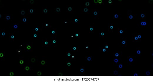 Dark blue, green vector backdrop with virus symbols. Simple design in abstract style with infection forms. Simple drawing against danger fever.