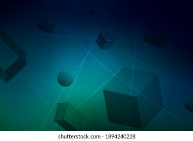 Azul oscuro, fondo vectorial verde con cubos 3D, cilindros, esferas, rectángulos. Ilustración con un conjunto de formas geométricas. Diseño elegante para tapices.