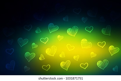 Dark Blue, Green vector background with hearts. Decorative shining illustration with hearts on abstract template. Pattern can be used for valentine's ad, booklets.