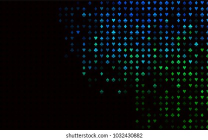 Dark Blue, Green vector background with cards signs. Blurred decorative design of hearts, spades, clubs, diamonds. Pattern for leaflets of poker games, events.