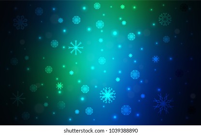 Dark Blue, Green vector background with xmas snowflakes. Glitter abstract illustration with crystals of ice. New year design for your business advert.