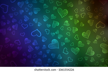 Dark Blue, Green vector background with hearts. Glitter abstract illustration with colorful hearts in romantic style. Design for ad, poster, banner of Valentine Day.
