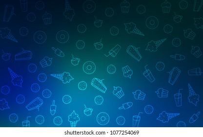 Dark Blue, Green vector background with tasty sweets. Blurred decorative design of desserts in doodle style. Pattern for ad, booklets, leaflets of restaurants.