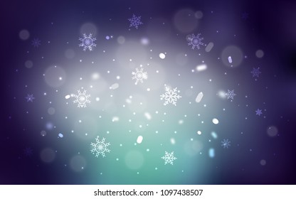 Dark Blue, Green vector background with xmas snowflakes. Decorative shining illustration with snow on abstract template. New year design for your ad, poster, banner.